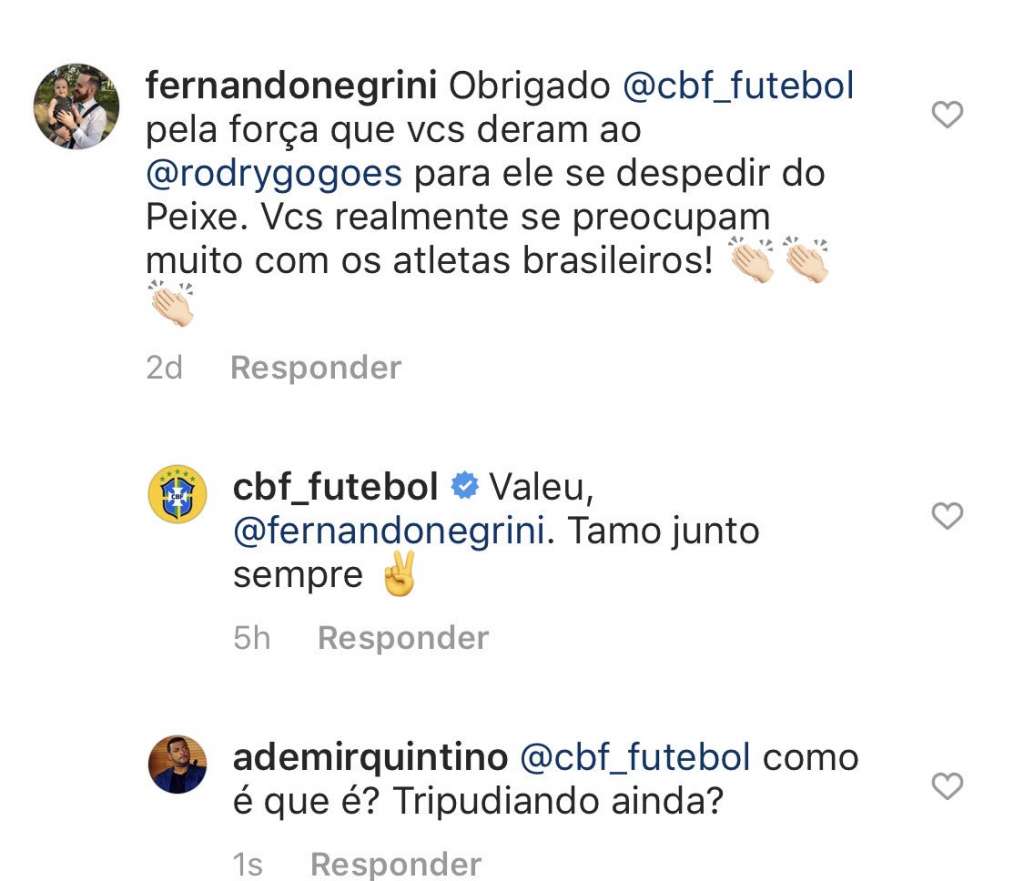 Perfil oficial da CBF comenta publicação de torcedor. (Foto: Reprodução/Instagram)