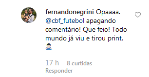 Mais tarde, CBF apaga comentário e torcedor critica. (Foto: Reprodução/Instagram)