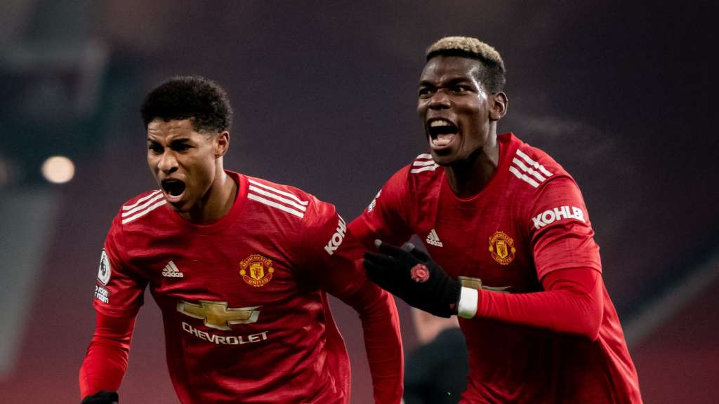Rashford comemora ao lado de Pogba (Foto: Divulgação/Manchester United)