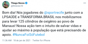Jogadores de time da Série A doam 125 cilindros de oxigênio para o povo de Manaus