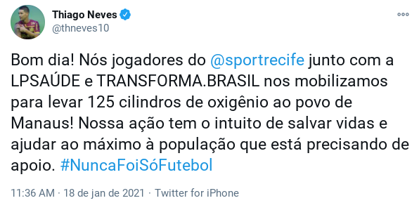 Jogadores de time da Série A doam 125 cilindros de oxigênio para o povo de Manaus
