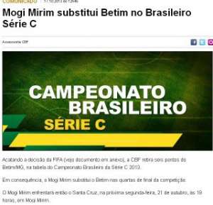 BOMBA! CBF exclui Betim e confirma Mogi na fase final da Série C