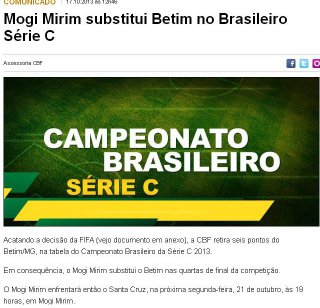 BOMBA! CBF exclui Betim e confirma Mogi na fase final da Série C