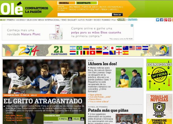 Jornal argentino Olé destaca no site empate entre Ponte e Vélez