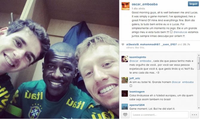 Oscar coloca panos quentes em discussão com companheiro de Seleção Brasileira