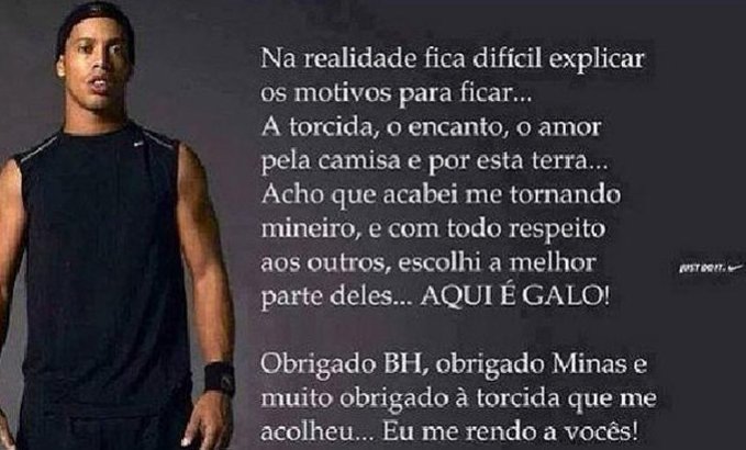 R10 explica motivos do “fico” e até vira Ronaldinho Mineiro pelo “melhor”