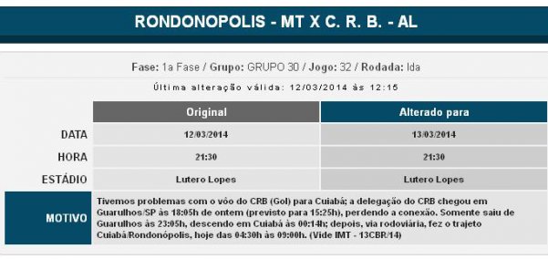 Copa do Brasil: Jogo entre Rondonópolis e CRB tem adiamento confirmado