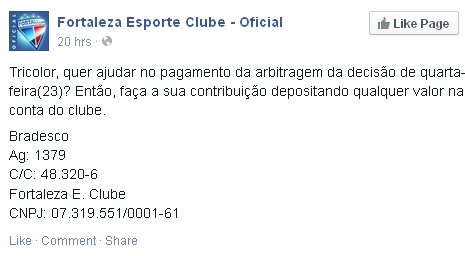 Pindaíba! Fortaleza pede ajuda na internet para pagar arbitragem de final
