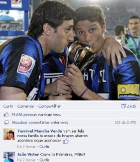 Venha Milito! Palmeirenses “invadem” página de artilheiro da Inter de Milão