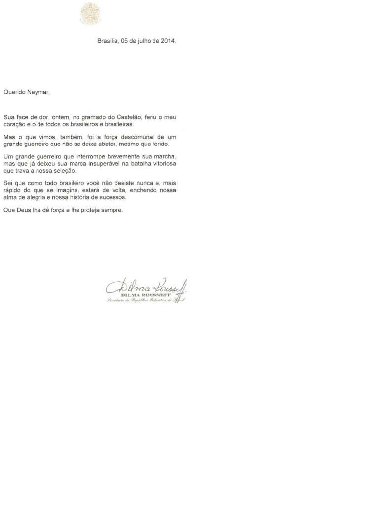 Dilma Roussef manda carta de apoio a Neymar