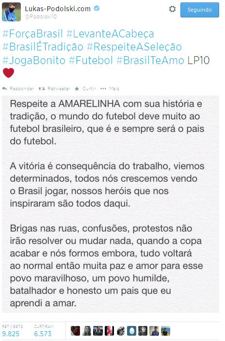 Copa 2014: Podolski se solidariza com Brasil e posta mensagem de apoio