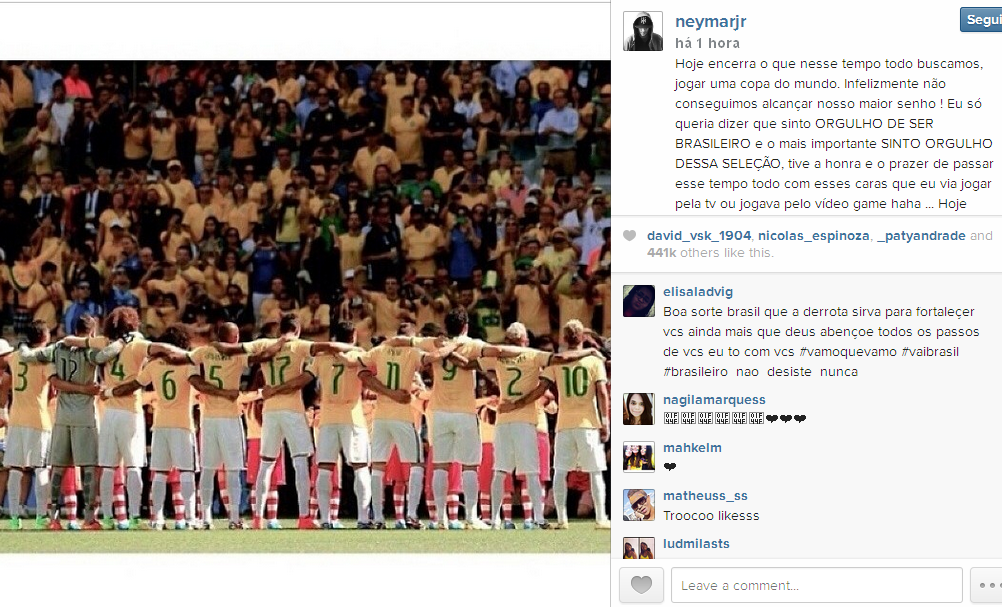 Copa 2014: Em mensagem pré-jogo, Neymar diz: ‘O sonho continua’