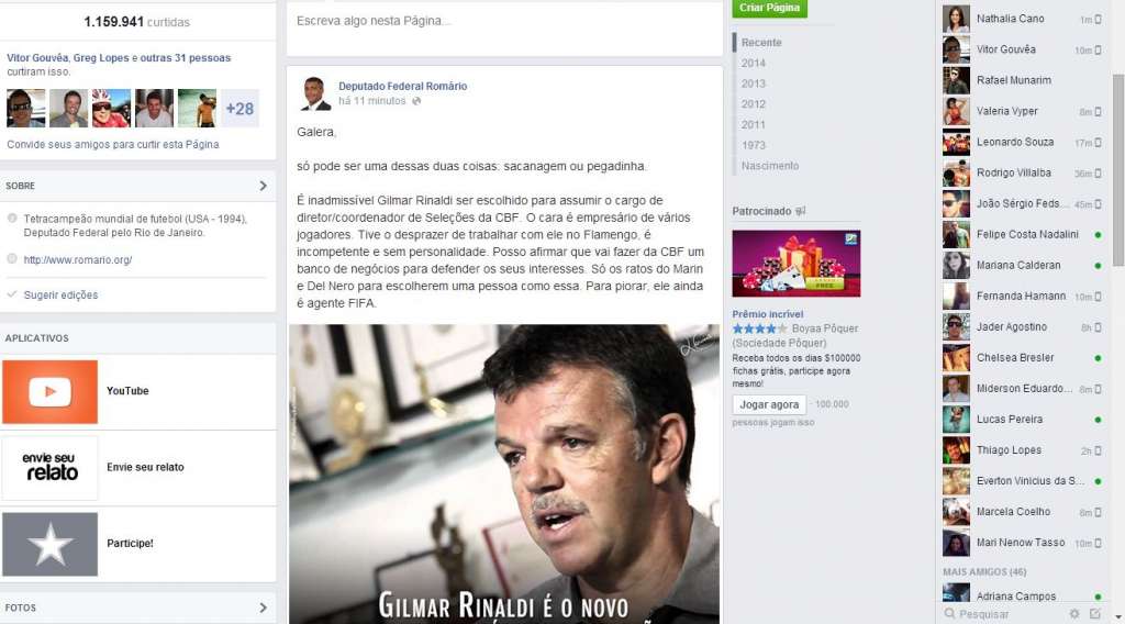 Romário critica CBF por ter escolhido Gilmar Rinaldi