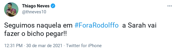 Meia do Sport se posiciona e palpita sobre Big Brother Brasil: ‘#ForaRodolffo’