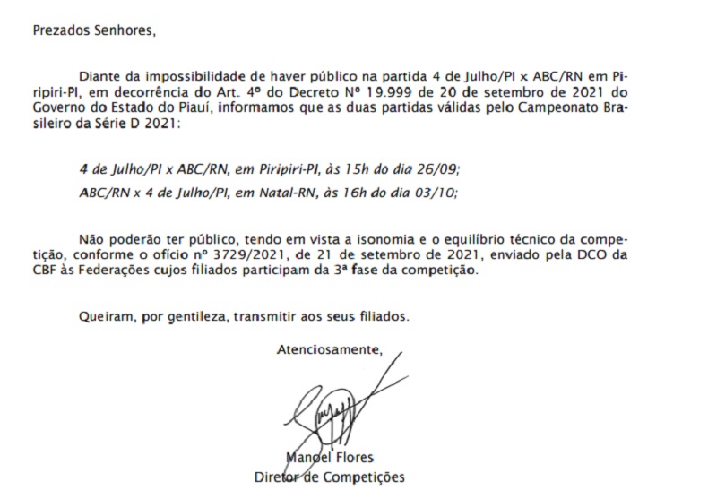 Série D: CBF nega pedido e ABC-RN x 4 de Julho-PI não terá público 2 cbf decisao abc serie d 2021