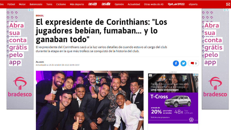 Jornal europeu ‘troca as bolas’ e divulga foto de elenco do São Paulo em matéria do Corinthians