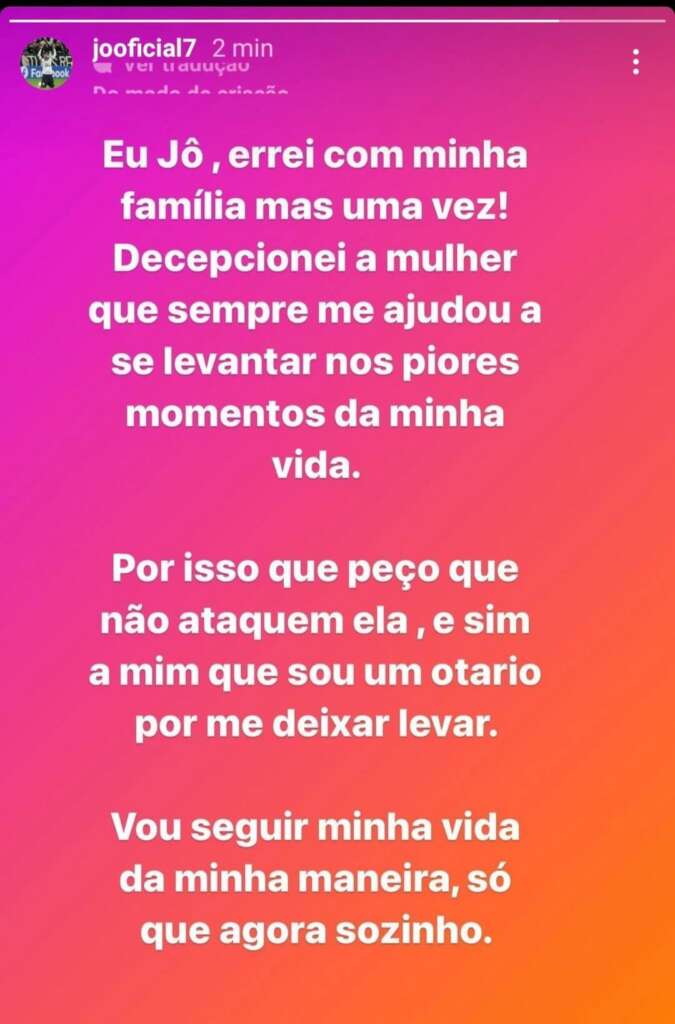 Após dar 'mim acher' por três dias, Jô fala que errou e confirma separação: "Sou um otário" 2 Jo story