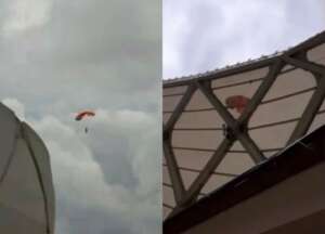 Aluna é surpreendida por vento e pousa de paraquedas no teto da Arena Amazônia