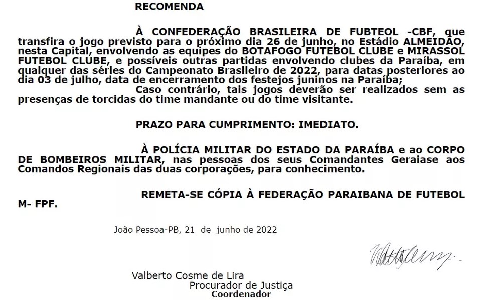 MP-PB pede a CBF para que clubes paraibanos não joguem durante as festas juninas. Entenda