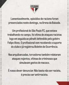 São Paulo diz que funcionário do clube foi vítima de racismo na Arena da Baixada