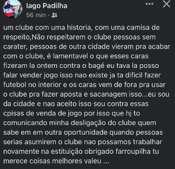 Meia pede demissão e denuncia esquema de apostas envolvendo o clube 2 Iago Padilha usou as redes sociais para denunciar o esquema de apostas