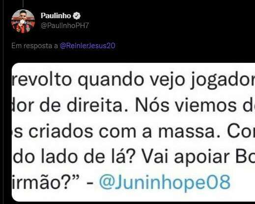 Reinier e Paulinho discutem política e atacante dispara:‘’Me revolto com jogador de direita’’