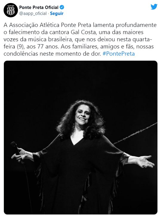 Bahia,  Ponte Preta, Flamengo, Corinthians e outros fazem homenagem à Gal Costa