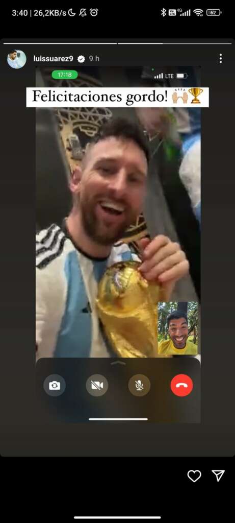 Suárez faz chamada de vídeo para parabenizar Messi pela conquista da Copa