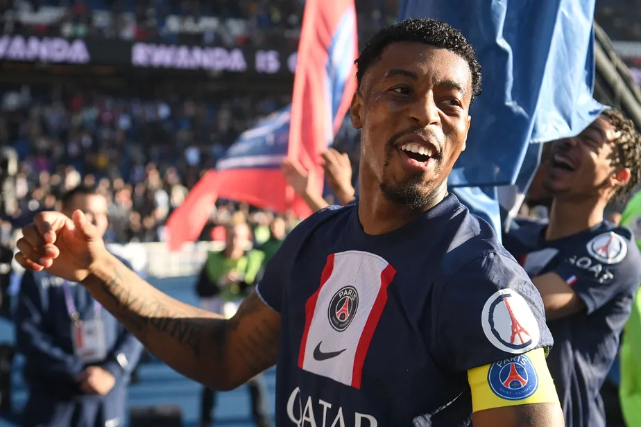 101167484 paris saint germains french defender presnel kimpembe celebrates with supporters after th