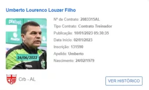 Umberto Louzer, técnico do CRB, tem seu nome publicado no BID