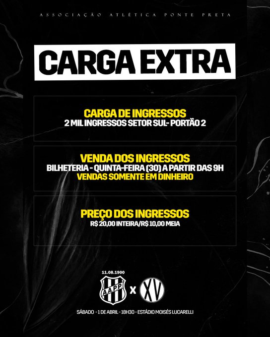 Paulista A2: Ponte Preta anuncia carga extra de ingressos para 'jogo do acesso' 2 Carga Extra Ponte