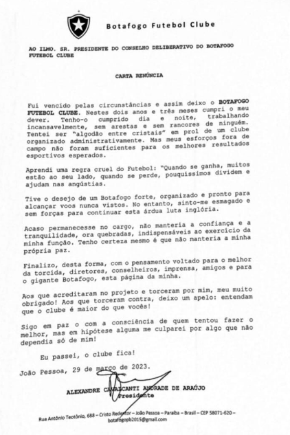 botafogo pb presidente carta