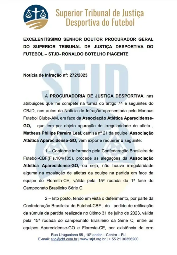 Série C: Imbróglio entre Aparecidense-GO e Manaus-AM tem decisão no STJD 2 STJD CBF Aparecidense-GO Manaus-AM Série C