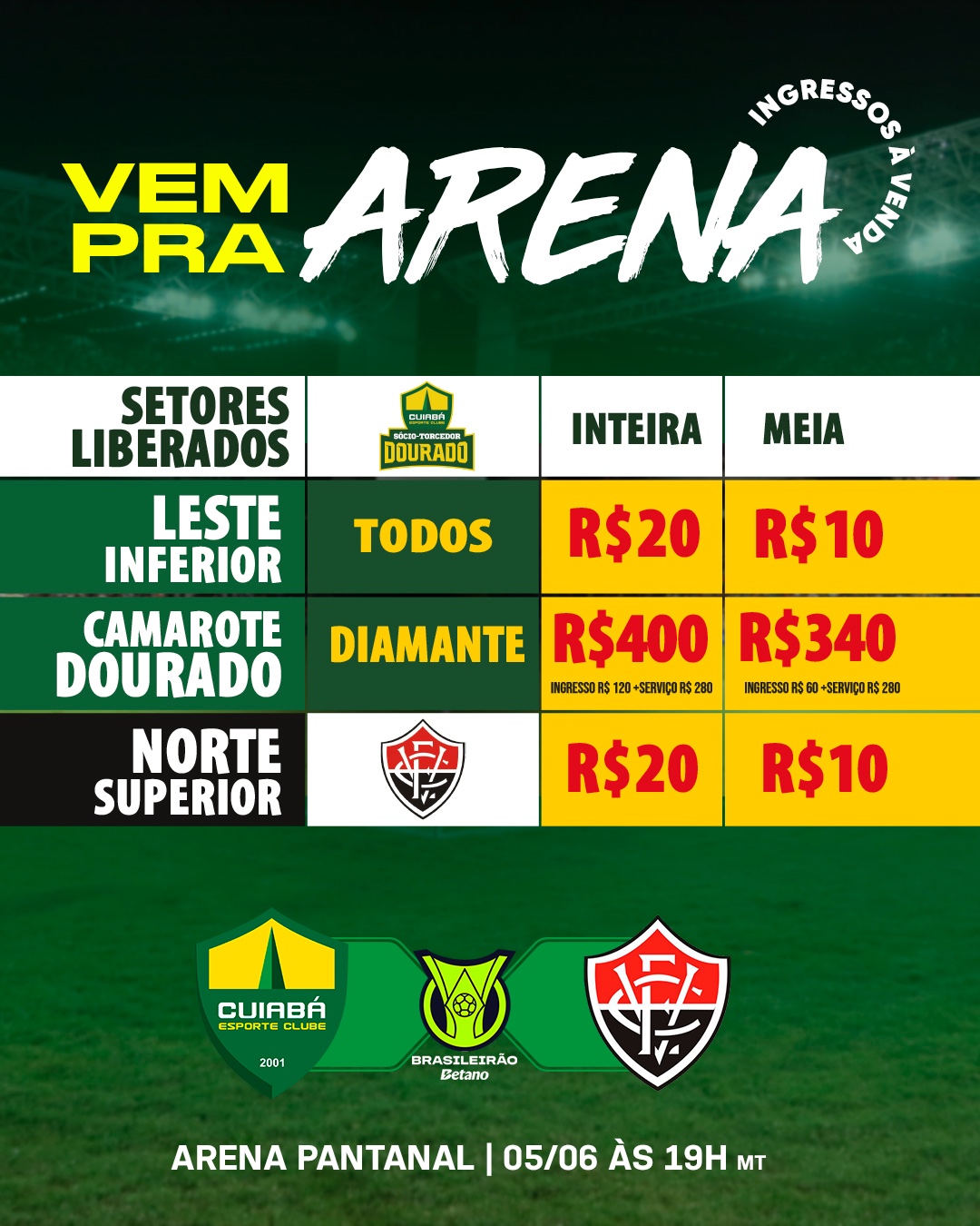 Cuiabá anuncia venda de ingressos para partida contra o Vitória