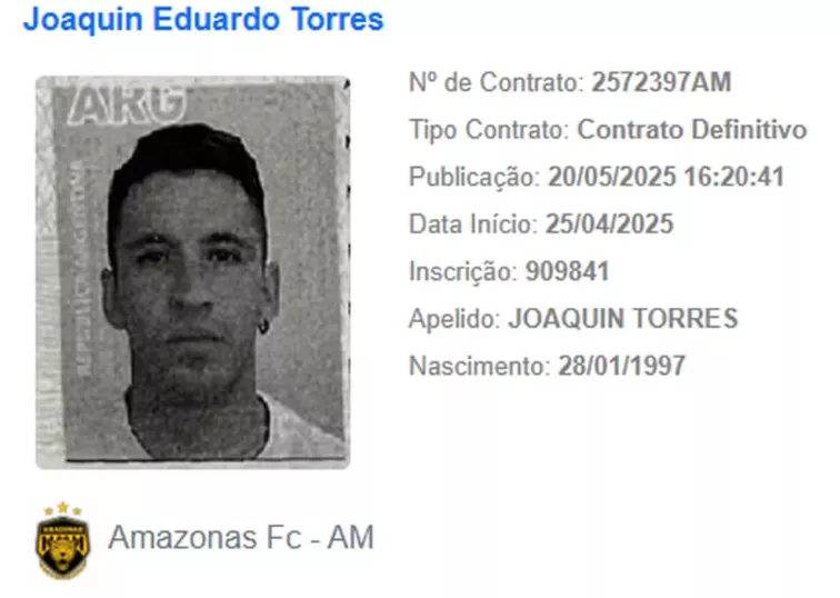 Série B: Amazonas oficializa contratação de meia argentino 3 Joaquín Torres no BID - Foto: Divulgação / CBF