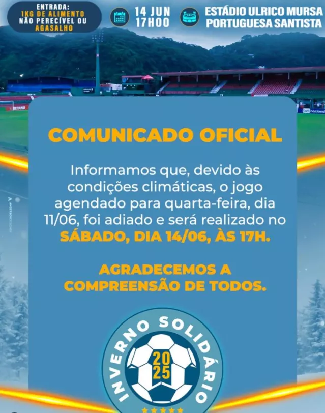 Jogo beneficente no estádio da Portuguesa Santista é adiado para o próximo sábado 2 tXTCeyAh image
