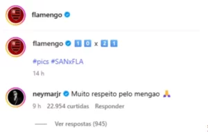 Neymar comenta em publicação do Flamengo: 'Muito respeito pelo Mengão'