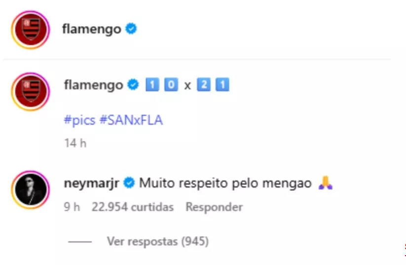 Neymar comenta em publicação do Flamengo: 'Muito respeito pelo Mengão' 2 ktKBjn53 image