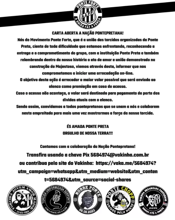 Torcidas organizadas da Ponte Preta se unem para pagar 'bicho' em caso de acesso na Série C 2 Arrecadacao Ponte