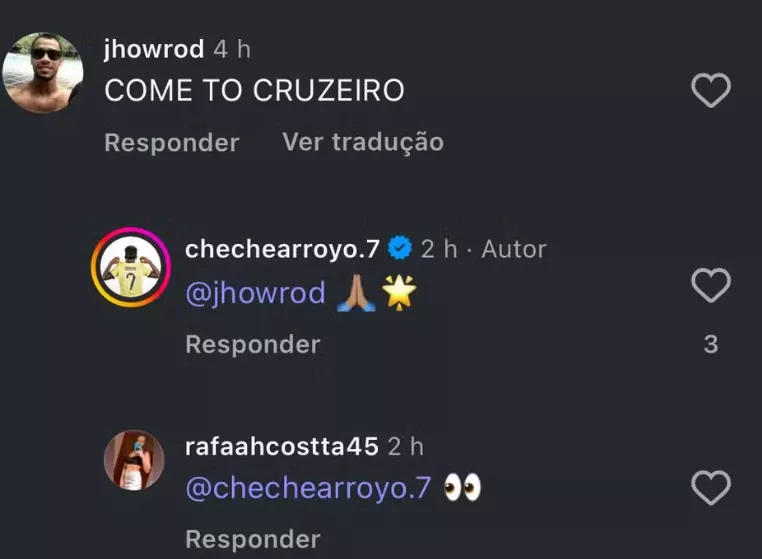 Cruzeiro negocia a contratação de atacante do Besiktas 2 Keny Arroyo comenta mensagem de torcedor do Cruzeiro — Foto: Redes sociais