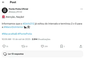 Ponte Preta brinca com silêncio do Guarani nas redes sociais