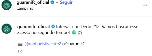 Perfil oficial do Guarani no Instagram