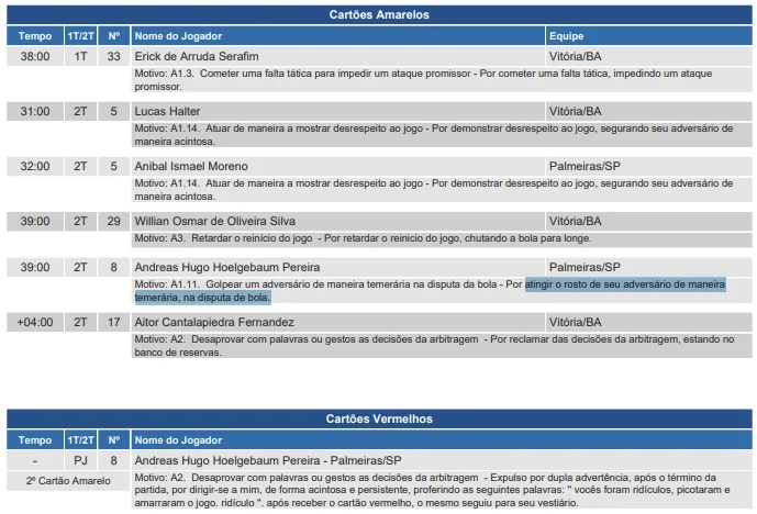 Súmula do jogo entre Palmeiras e Vitória pela 37ª rodada do Brasileirão (Foto: Reprodução/CBF)