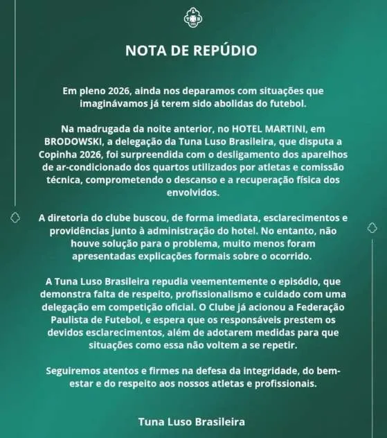 Tuna Luso denuncia sabotagem inédita em Brodowski na Copinha 2 Tuna luso nota oficial