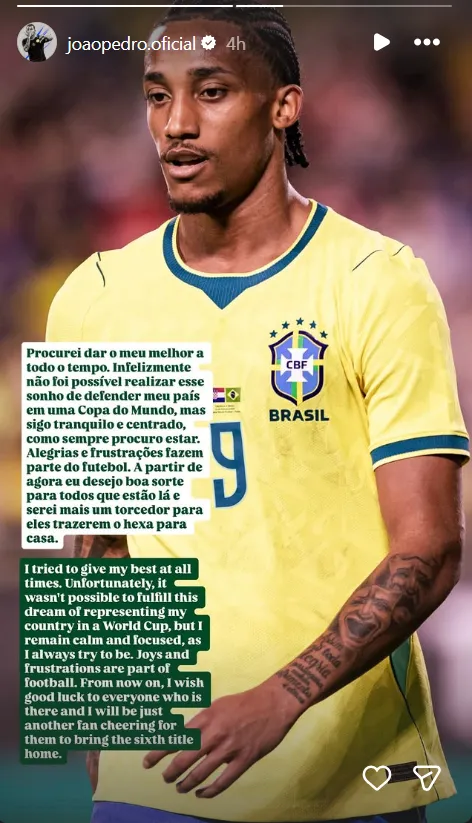 João Pedro deseja sorte à Seleção após ficar fora da Copa: 'Sigo tranquilo e centrado' 2 dAsX2X8S image