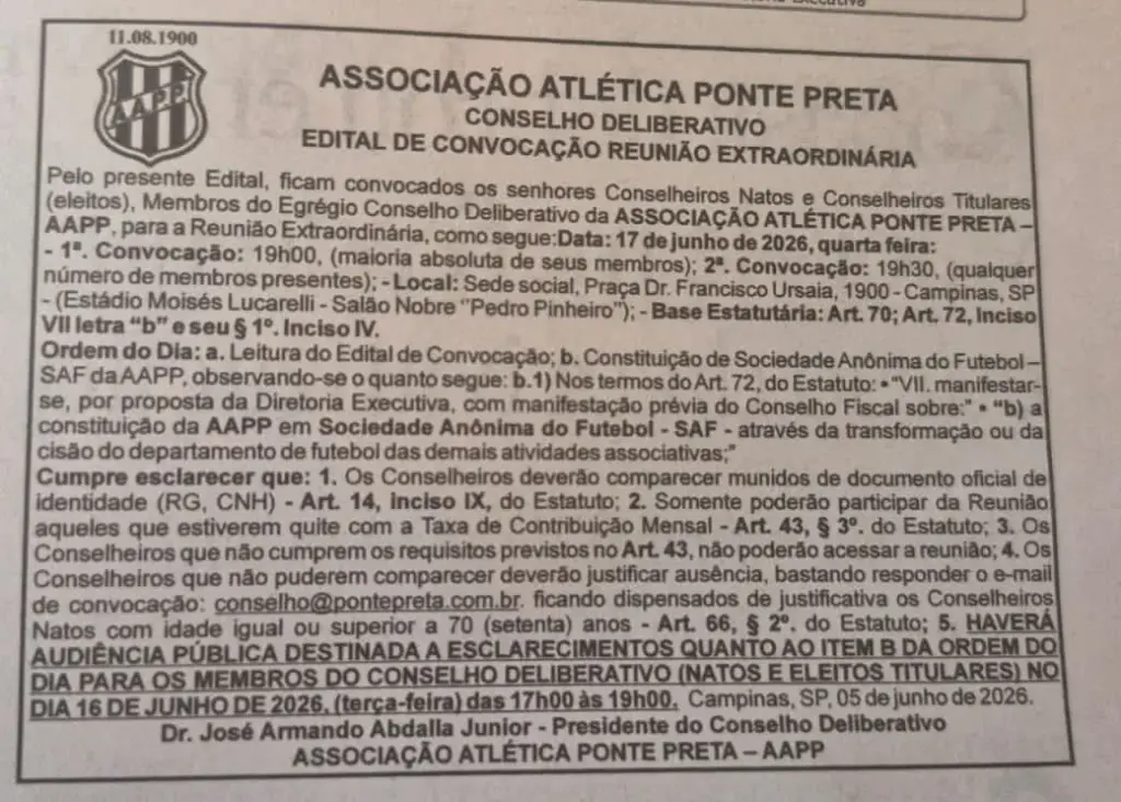 Ponte Preta convoca Conselho Deliberativo para 