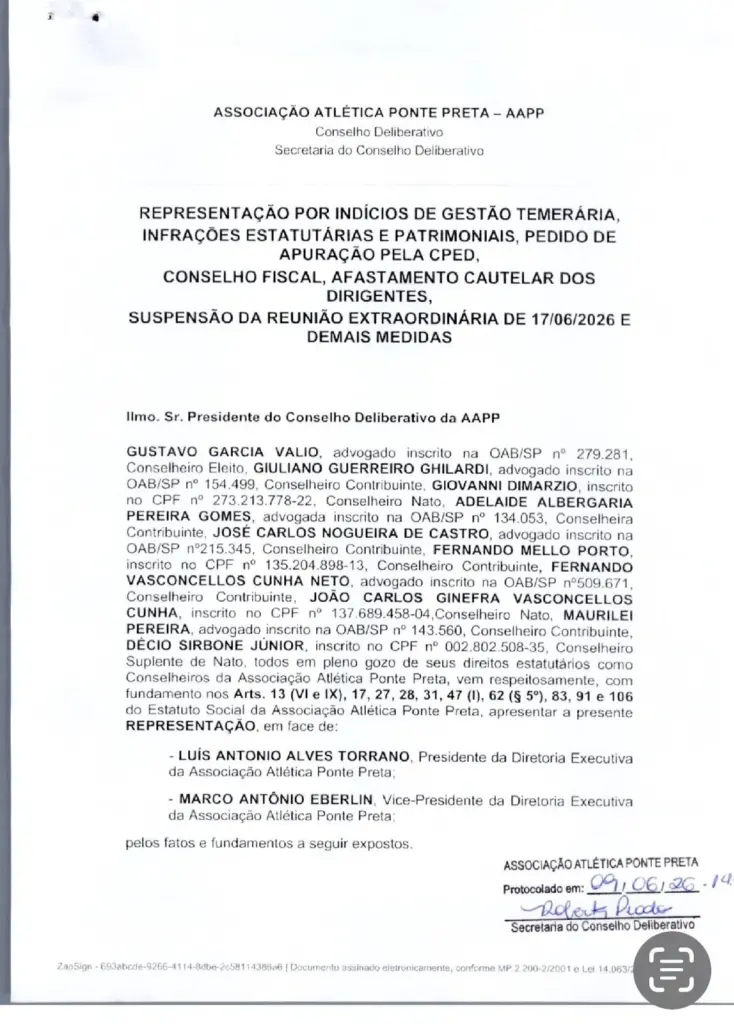 Conselheiros da Ponte Preta pedem suspensão de reunião da SAF 2 Requerimento Ponte