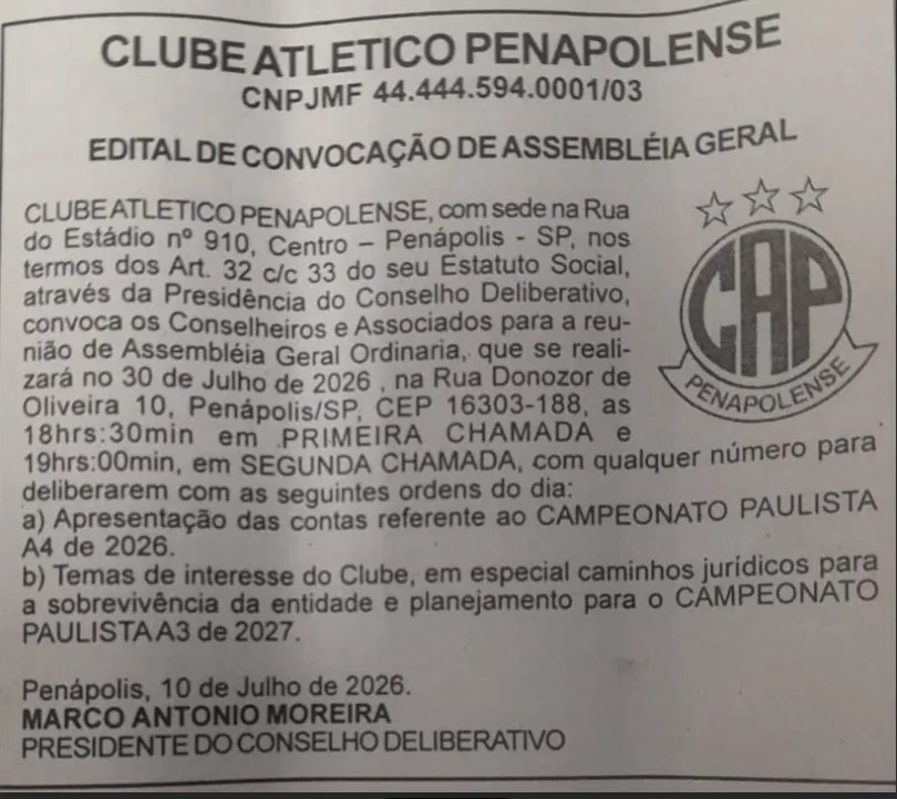 Presidente do Penapolense convoca torcida para Assembleia Geral visando a temporada de 2027 2 5Vw71E24 image