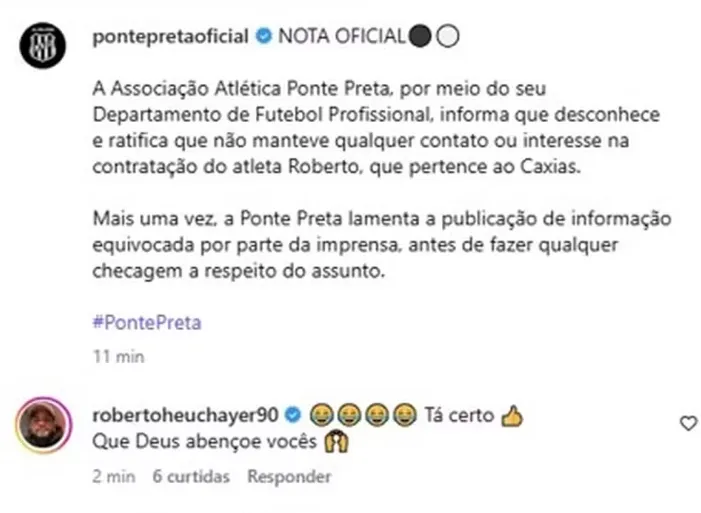Ponte Preta nega contato e jogador ironiza: "Jogar de graça não dá" 2 ponte nega contato e jogador ironiza