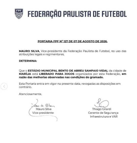 FPF libera Bento de Abreu e Marília voltará a jogar em casa pela Copa Paulista 2 99NEnFKD image